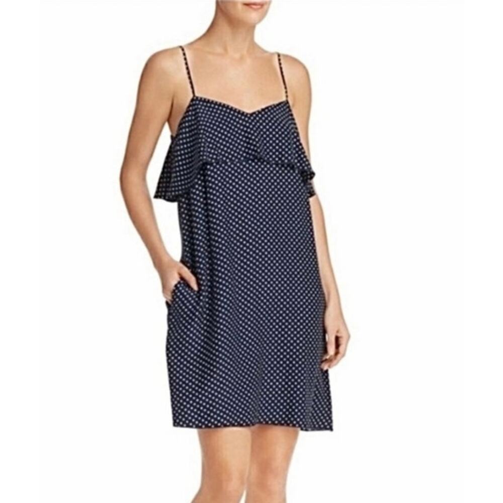 ATM Blue & White Polka Dot 100% Silk Ruffle Sleeveless Dress Women's Large